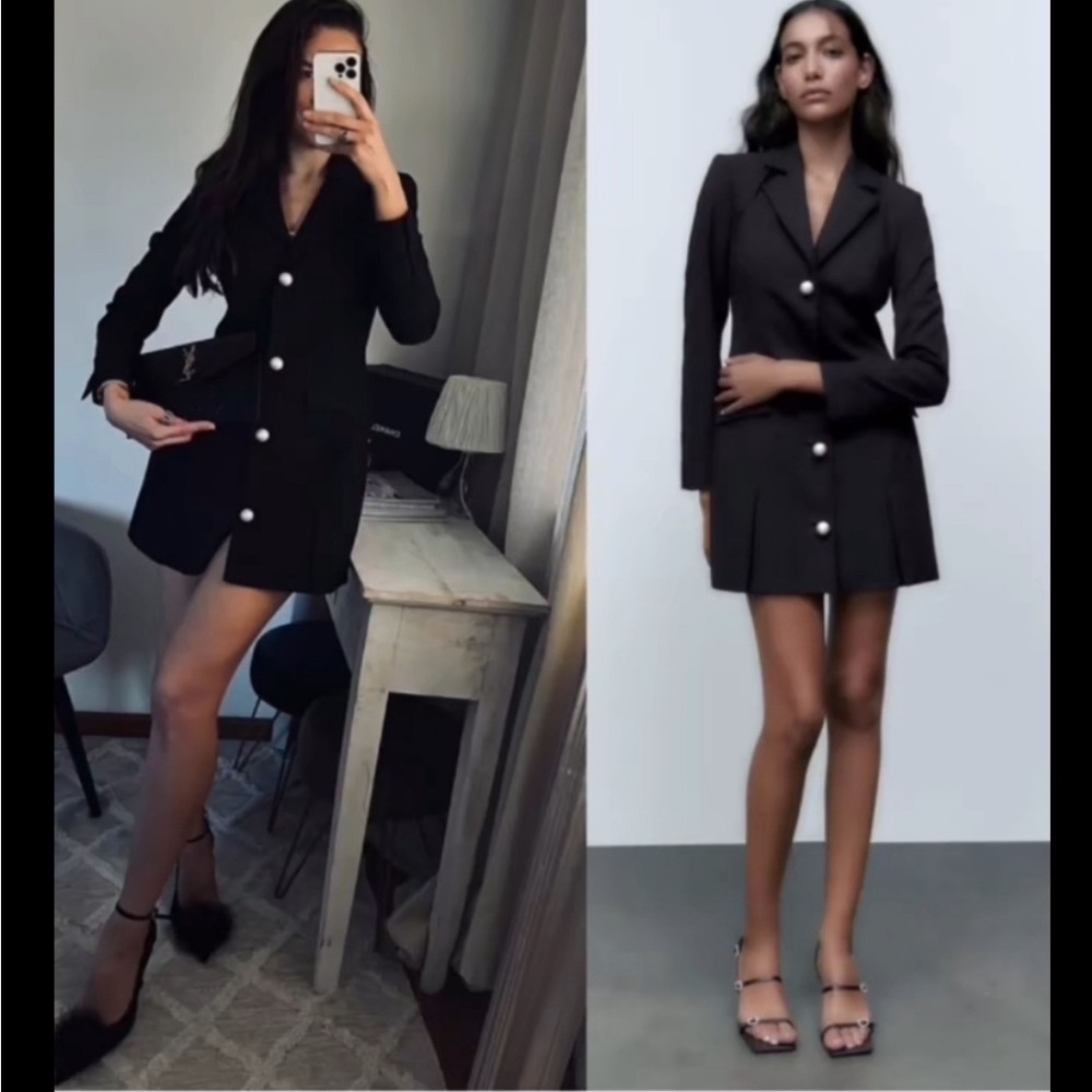 🩵 Zara PEARL BUTTON BLACK BLAZER DRESS